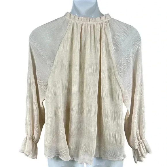 UMGEE Womens L Ruffle Metallic Champagne Blouse Crinkled Shimmer Mandarin Neck - Picture 2 of 16